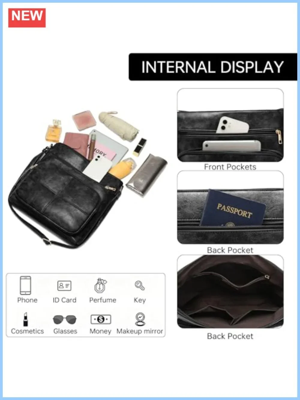 Vintage PU Leather Crossbody Purse with Zipper, Women's Medium Shoulder Bag